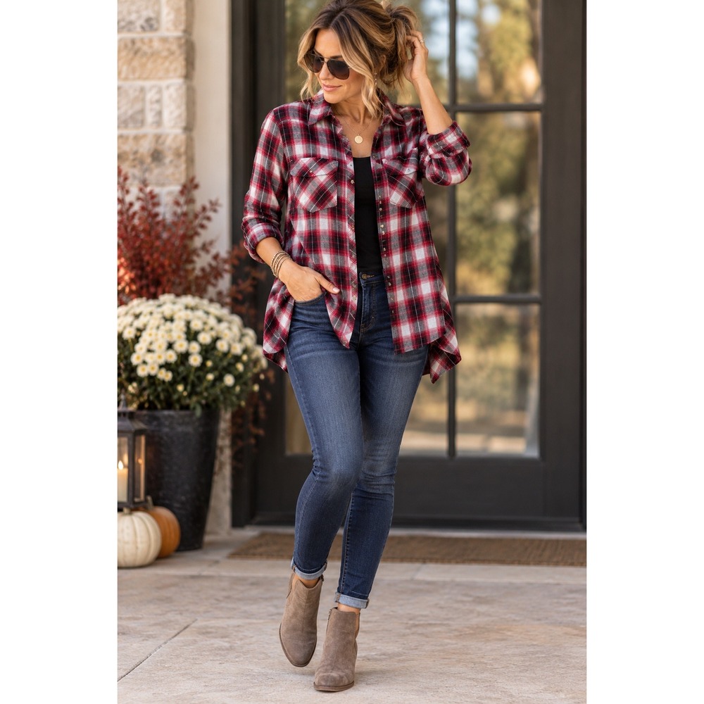 Democracy Womens Red Plaid Button Down Shirt Sharkbite Hem Long Sleeve Medium